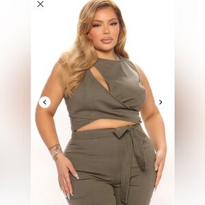 Fashion Nova Olive Wrap Crop Jumpsuit with Tie Waist